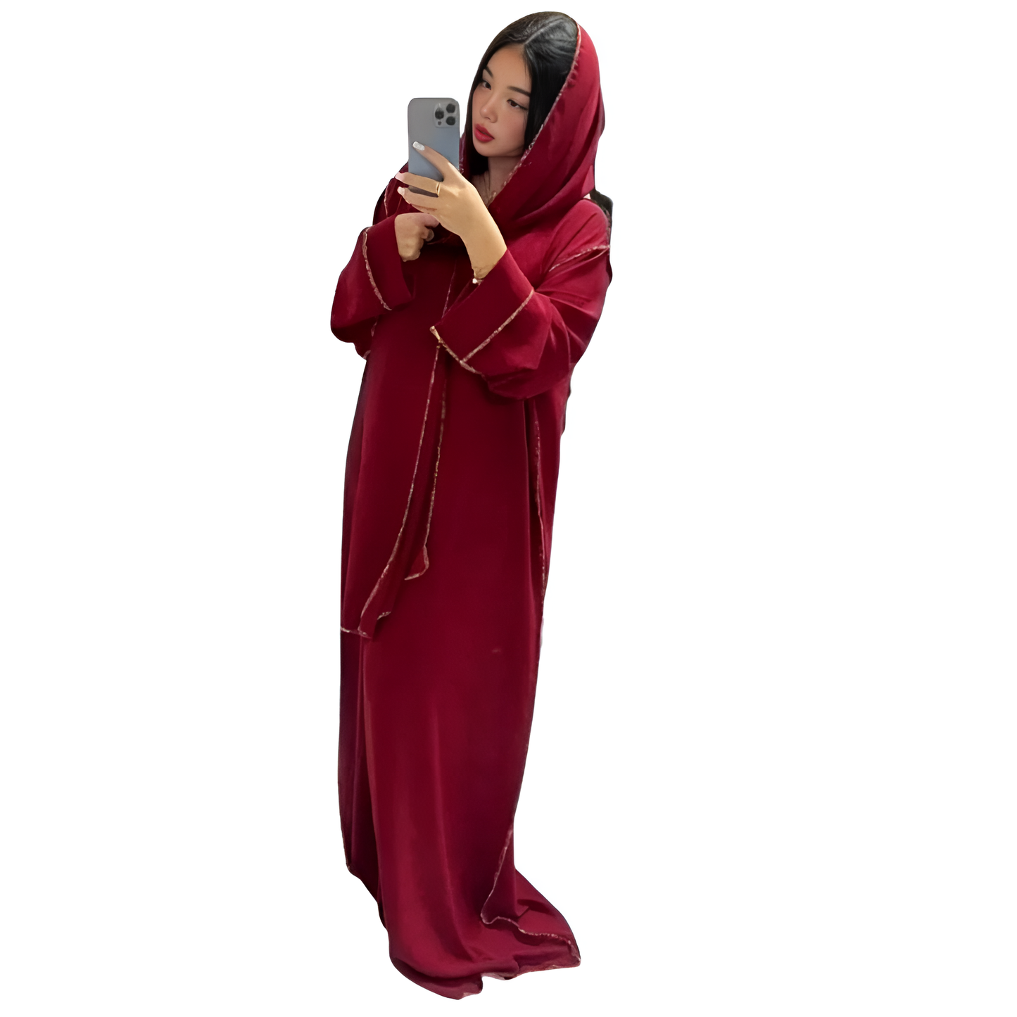 LUXE DIVA Womens Gold Trim Dubai Abaya With Scarf Islamic Muslim Jilbab Long Maxi Dress
