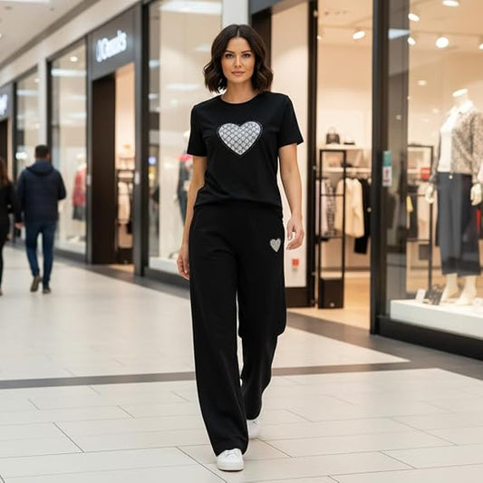 Women’s Heart Print 2 - Piece Set – Short Sleeve T-Shirt & Wide Leg Pants, Soft Summer Loungewear Co - Ord, Tracksuit Travel & Home Wear Outfit - LUXE DIVAWomen’s Heart Print 2 - Piece Set – Short Sleeve T-Shirt & Wide Leg Pants, Soft Summer Loungewear Co - Ord, Tracksuit Travel & Home Wear OutfitLUXE DIVALUXE DIVA2PCHeartSSTroSetBlk6-12Women’s Heart Print 2 - Piece Set – Short Sleeve T-Shirt & Wide Leg Pants, Soft Summer Loungewear Co - Ord, Tracksuit Travel & Home Wear Outfit6 - 12Black