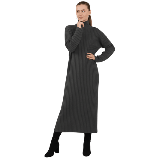 Women's Ribbed Knitted Maxi Dress, Funnel - LUXE DIVAWomen's Ribbed Knitted Maxi Dress, FunnelLUXE DIVALUXE DIVALSPN RibKnitMaxiDresChar1SWomen's Ribbed Knitted Maxi Dress, FunnelOne sizecharcoal