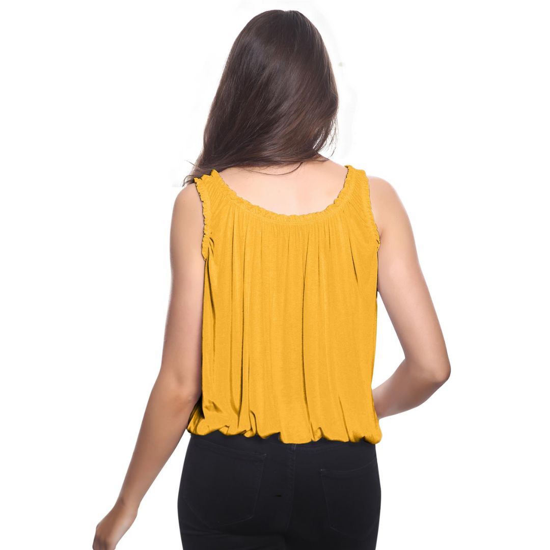 LUXE DIVA Women’s Gathered Round Scoop Neckline Swing Trim Sleeveless Plain Tank Top Wide Straps Ladies Elastic Bubble Hem Summer Camisole Baggy Vest Blouse Top