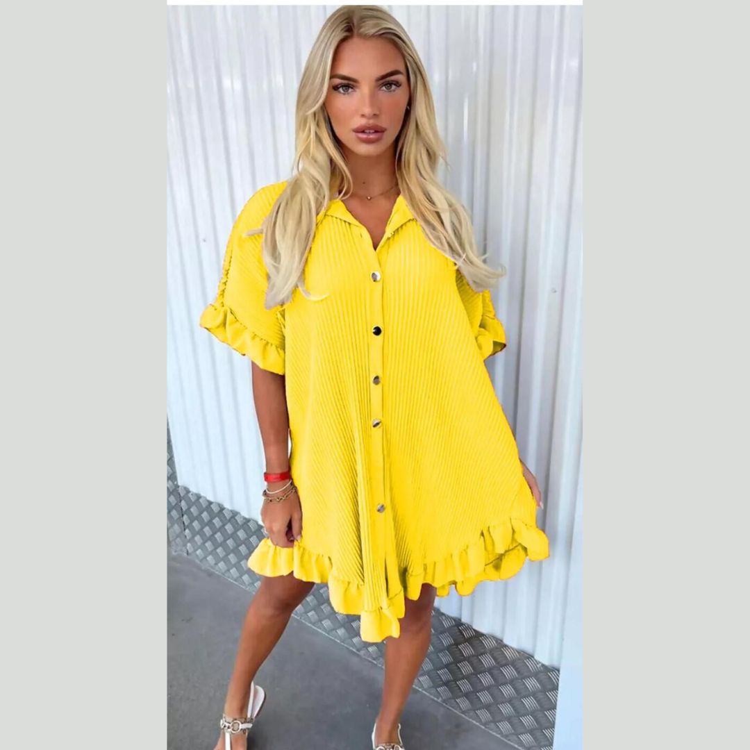 LUXE DIVA Women's Ladies Gold Button Pleated Frill Summer Shirt Swing Smock Mini Dress Top