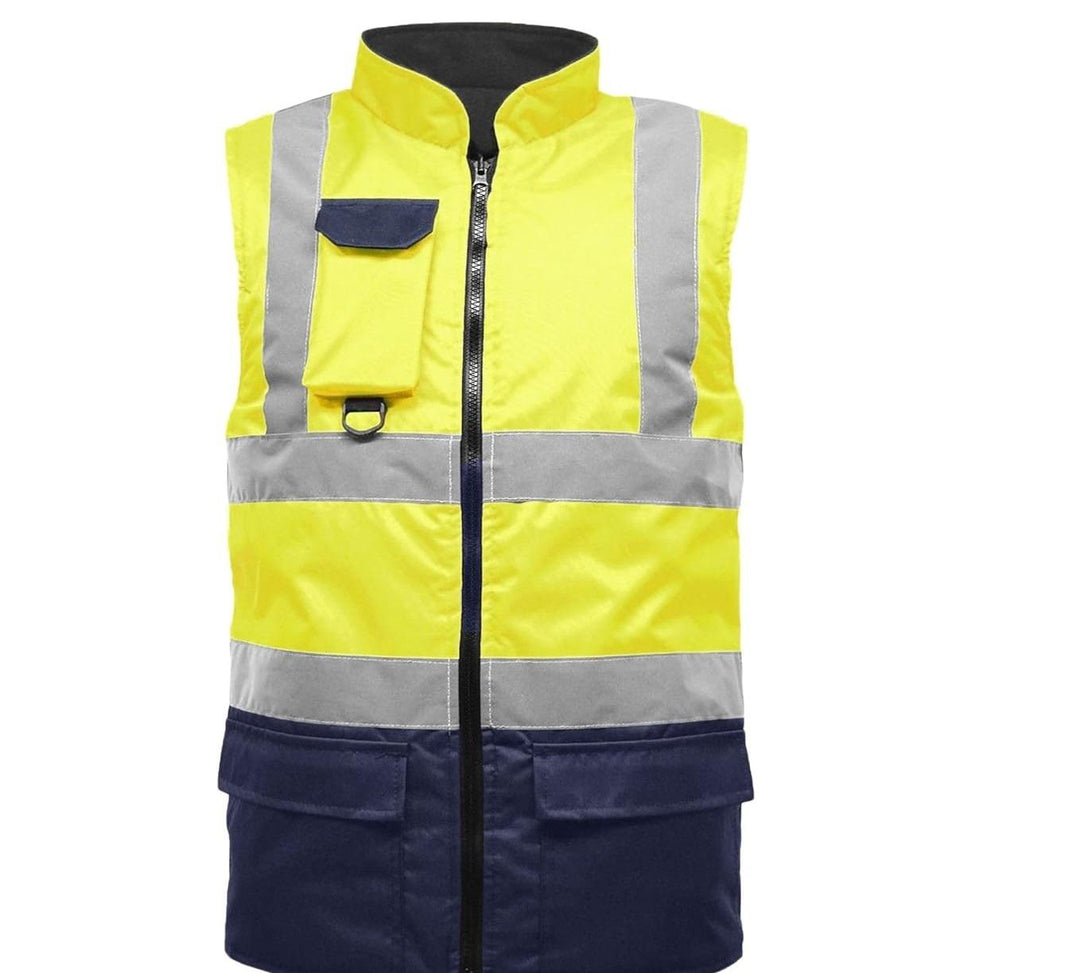 LUXE DIVA Hi Viz Bodywarmer Reversible Fleece Lined High Visibility Gilet Hi Vis Reflective Waterproof Workwear Padded Vest Security Safety Wear Warm Waistcoat