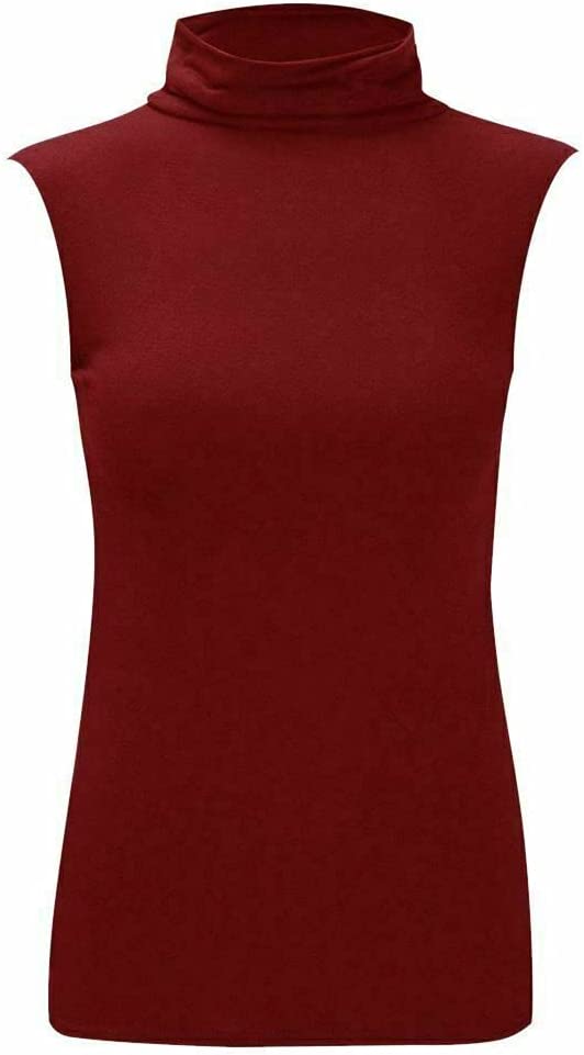Women Turtle Neck Sleeveless Tops Bodycon Casual Shirt Jumper Top Plain Polo Neck, XL-XXXL