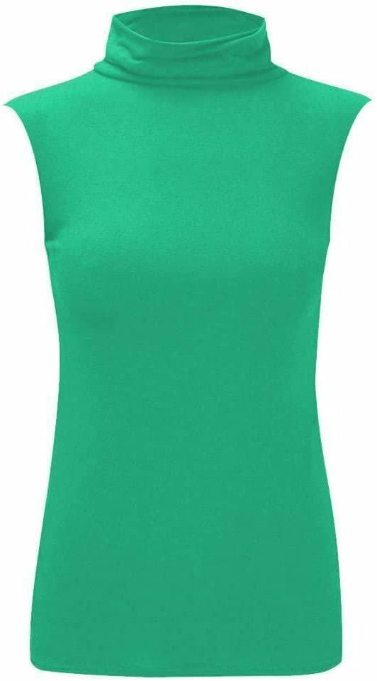 Women Turtle Neck Sleeveless Tops Bodycon Casual Shirt Jumper Top Plain Polo Neck, XL-XXXL