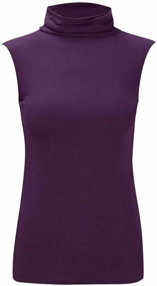 Women Turtle Neck Sleeveless Tops Bodycon Casual Shirt Jumper Top Plain Polo Neck, XL-XXXL