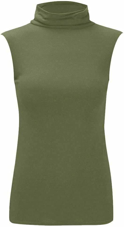 Women Turtle Neck Sleeveless Tops Bodycon Casual Shirt Jumper Top Plain Polo Neck, XL-XXXL