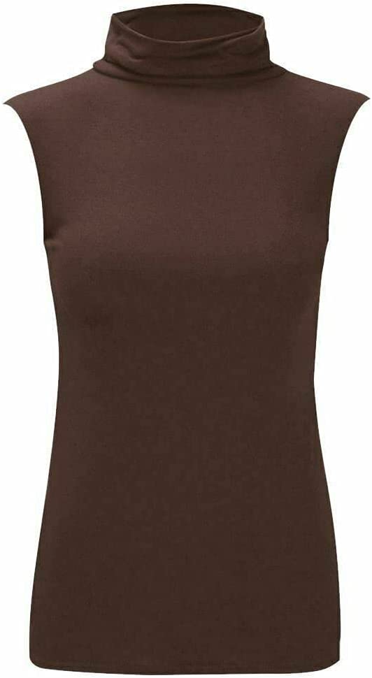 Women Turtle Neck Sleeveless Tops Bodycon Casual Shirt Jumper Top Plain Polo Neck, XL-XXXL