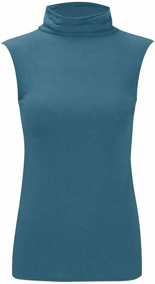 Women Turtle Neck Sleeveless Tops Bodycon Casual Shirt Jumper Top Plain Polo Neck, XL-XXXL