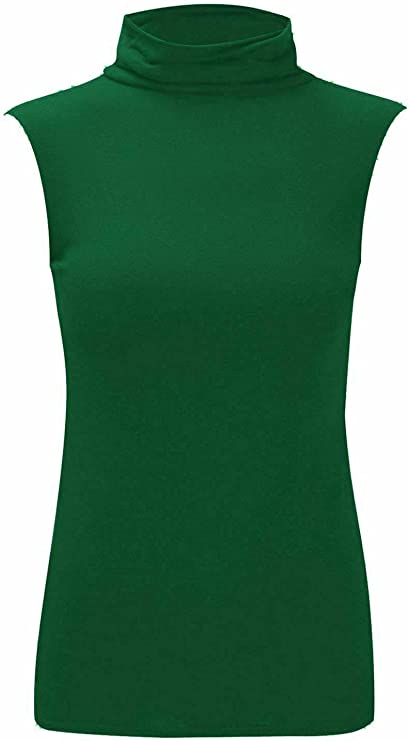 Women Turtle Neck Sleeveless Tops Bodycon Casual Shirt Jumper Top Plain Polo Neck, XL-XXXL