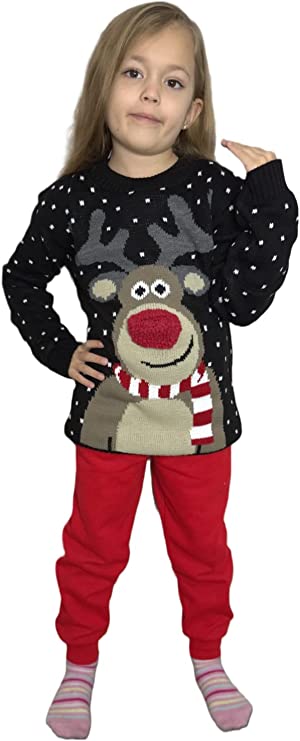 Children's Kids Girls Boys Pom Nose Christmas Jumper