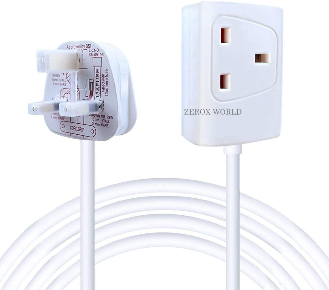 1 Way 3 Metre Gang Single Socket Mains Power Extension Lead 13A UK 3Pin Plug (3M, White)