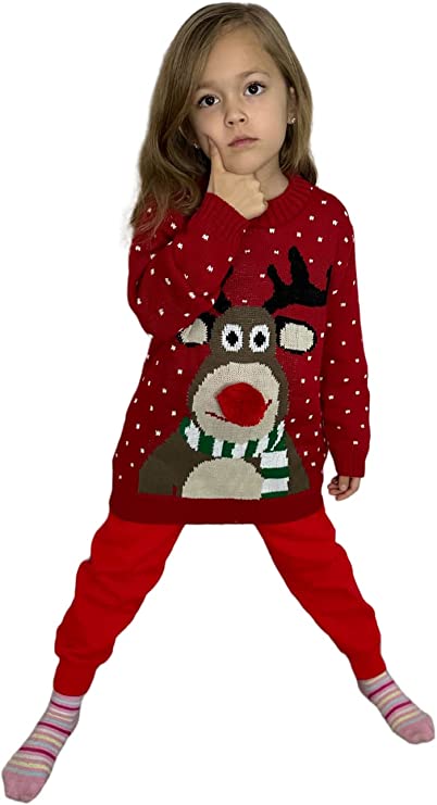 Children's Kids Girls Boys Pom Nose Christmas Jumper