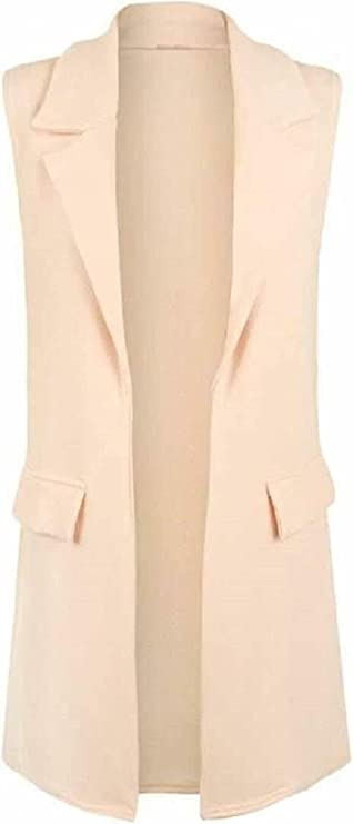 Ladies Front Open Sleeveless Long Duster Coat Waistcoat Blazer Womens Sleeveless Open Front Long Waistcoat Stylish Crepe Pocket Jacket Coat Plus Size UK Size 8-26