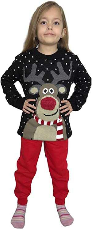 Children's Kids Girls Boys Pom Nose Christmas Jumper