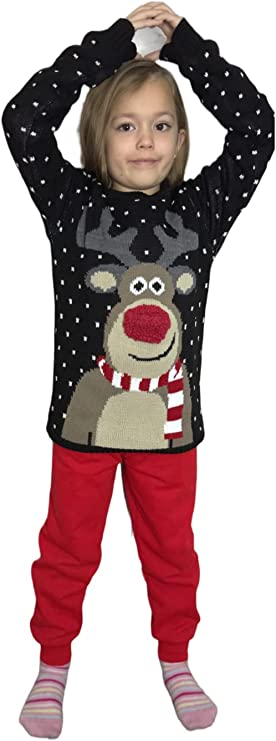 Children's Kids Girls Boys Pom Nose Christmas Jumper