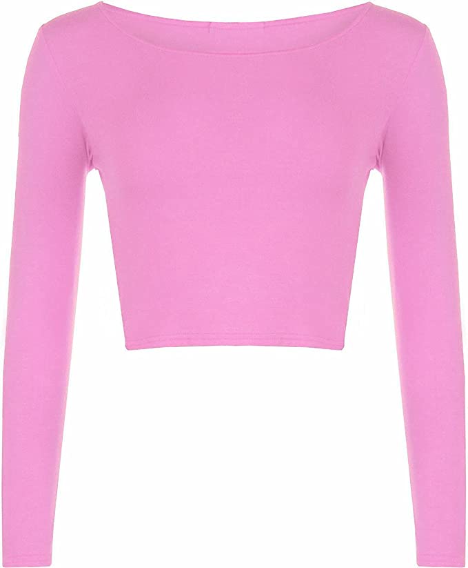 Womens Crop Long Sleeve T Shirt Ladies Short Plain Basic Round Neck Shirts Top 8-14