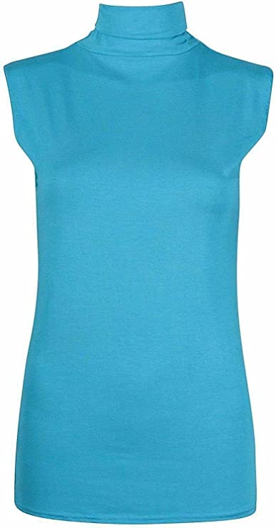 Women Turtle Neck Sleeveless Tops Bodycon Casual Shirt Jumper Top Plain Polo Neck, XL-XXXL