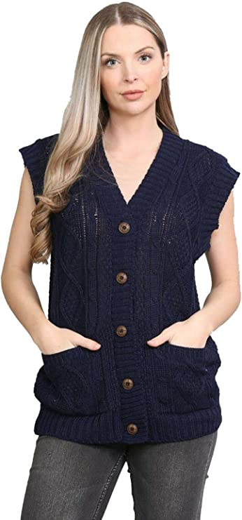 Womens Sleeveless Cable Knitted Grandad Cardigan Ladies 5 Button Casual Winter Sweater Waistcoat Top