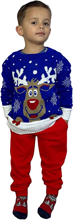 Children's Kids Girls Boys Rudolph On The Wall Christmas Jumper