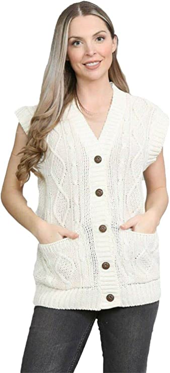 Womens Sleeveless Cable Knitted Grandad Cardigan Ladies 5 Button Casual Winter Sweater Waistcoat Top
