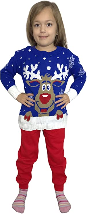 Children's Kids Girls Boys Rudolph On The Wall Christmas Jumper