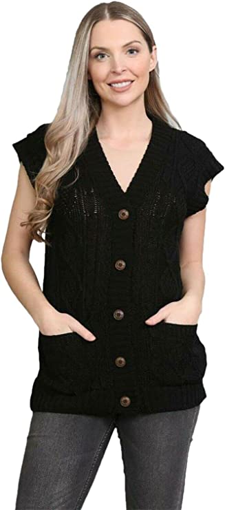 Womens Sleeveless Cable Knitted Grandad Cardigan Ladies 5 Button Casual Winter Sweater Waistcoat Top