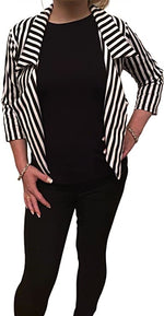 Load image into Gallery viewer, Women ¾ Sleeves Stripes Print Open Front Waterfall Crop Blazer Jacket Womens Black White Stripe Print Open Front Waterfall Crop Blazer Jacket Coat