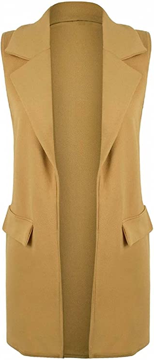 Ladies Front Open Sleeveless Long Duster Coat Waistcoat Blazer Womens Sleeveless Open Front Long Waistcoat Stylish Crepe Pocket Jacket Coat Plus Size UK Size 8-26