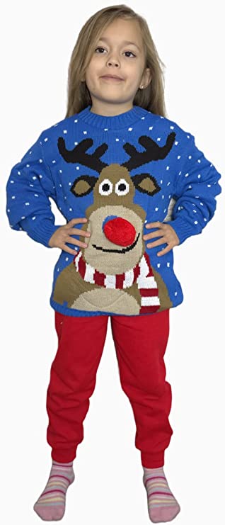 Children's Kids Girls Boys Pom Nose Christmas Jumper