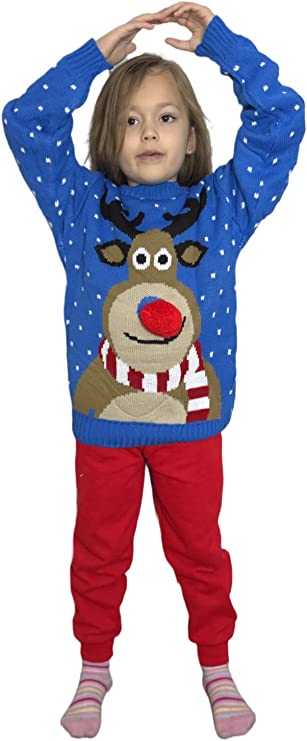 Children's Kids Girls Boys Pom Nose Christmas Jumper