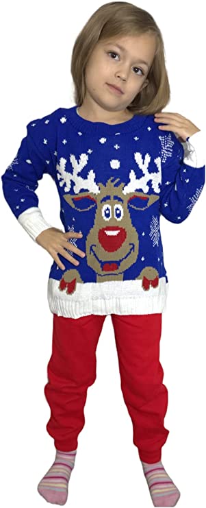 Children's Kids Girls Boys Rudolph On The Wall Christmas Jumper
