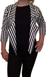 Load image into Gallery viewer, Women ¾ Sleeves Stripes Print Open Front Waterfall Crop Blazer Jacket Womens Black White Stripe Print Open Front Waterfall Crop Blazer Jacket Coat