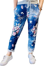 Load image into Gallery viewer, Women’s Ladies Denim Joggers Star Printed Sweatpants Floral Ribbed Waistband Trousers Ladies Casual Summer Drawstring Italian Gym Running Pants Plus Size 8-22
