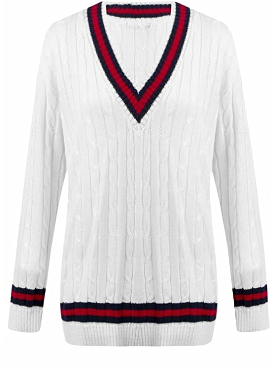 Womens New Long Sleeves Ladies Cable Knitted V Neck Stretch Cricket Sweater Jumper