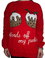 Load image into Gallery viewer, Womens Celebrity Xmas Knitted Baggy Top Hands Off My Pudding Funny 2 Cupcakes Christmas Jumper