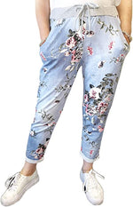 Load image into Gallery viewer, Women’s Ladies Denim Joggers Star Printed Sweatpants Floral Ribbed Waistband Trousers Ladies Casual Summer Drawstring Italian Gym Running Pants Plus Size 8-22