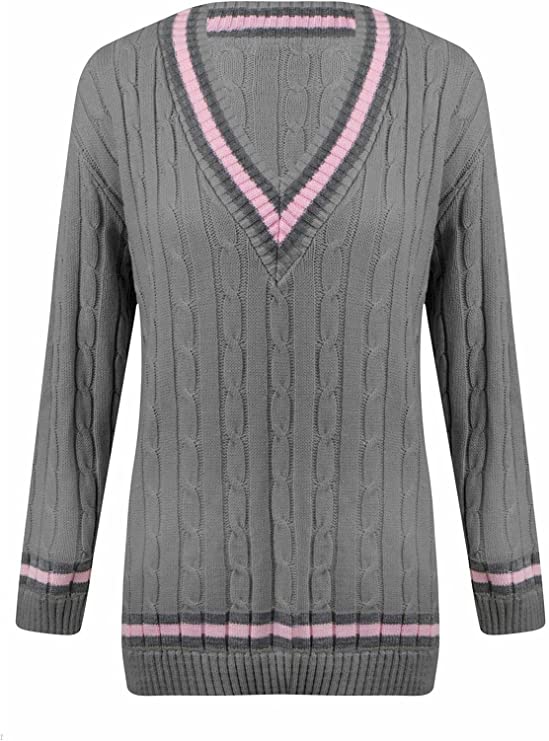Womens New Long Sleeves Ladies Cable Knitted V Neck Stretch Cricket Sweater Jumper