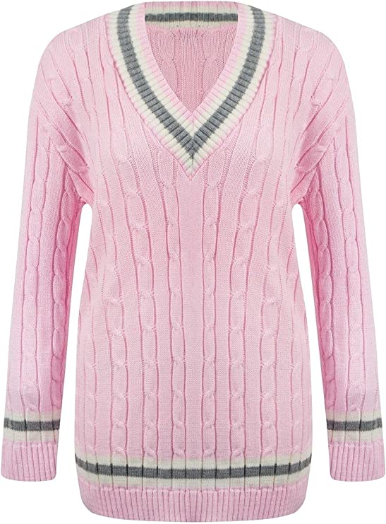 Womens New Long Sleeves Ladies Cable Knitted V Neck Stretch Cricket Sweater Jumper