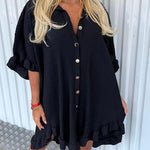 Load image into Gallery viewer, LUXEDIVA Women&#39;s Shirt Dress Pleated Short Sleeve Loose Italian Buttons Plain Detail

