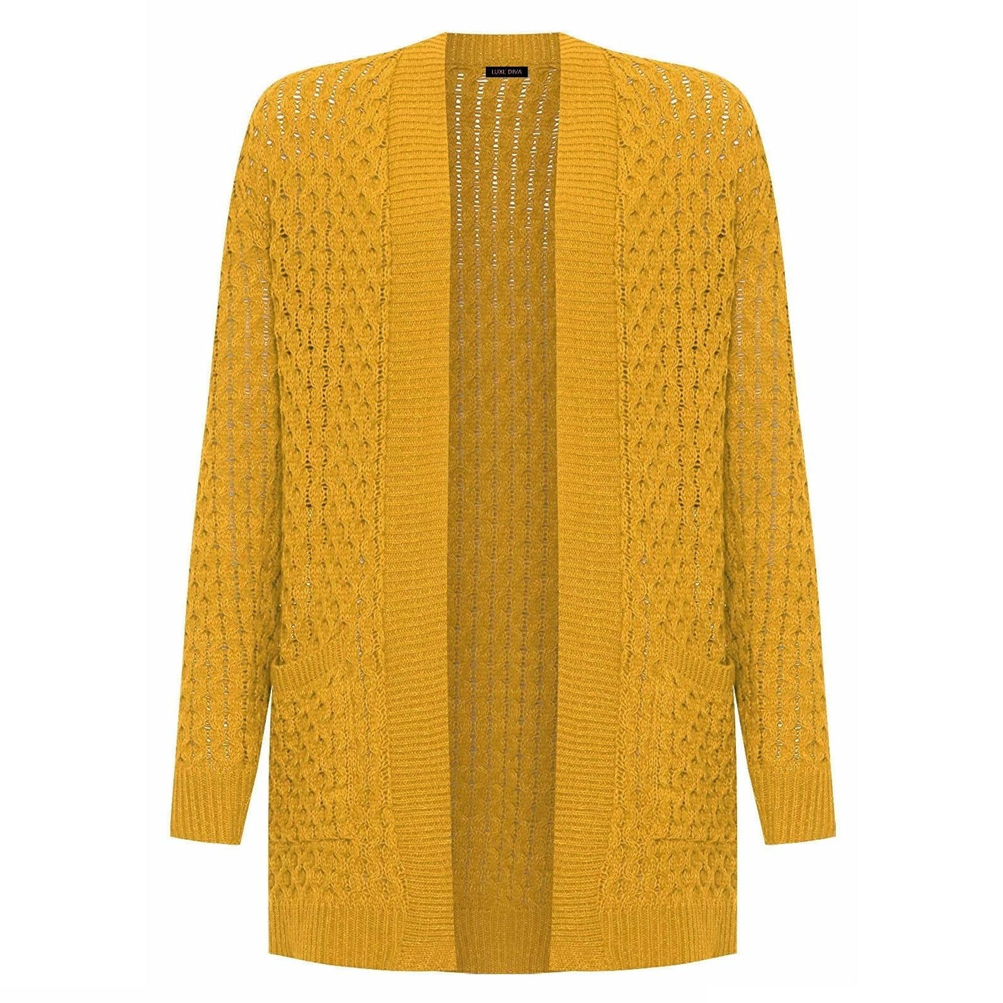LUXE-DIVA Women's Plus Cable Knitted Open Pocket Cardigan Chunky Long Sleeve Grandad 16-26 Knitwear Womenswear Ladies Tops Underwear Waffle Lady Knitting Comfort Longsleeves