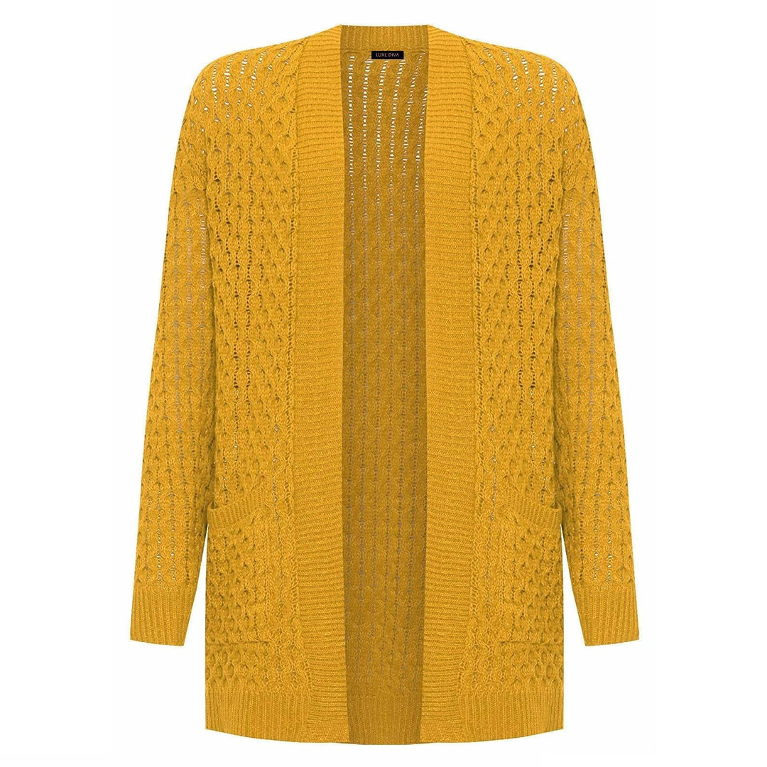 LUXE-DIVA Women's Plus Cable Knitted Open Pocket Cardigan Chunky Long Sleeve Grandad 16-26 Knitwear Womenswear Ladies Tops Underwear Waffle Lady Knitting Comfort Longsleeves