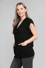 Load image into Gallery viewer, LADIES SLEEVELESS 5 BUTTON WAISTCOAT KNITTED 2 POCKETS V/NECK SELF COLOUR KNITWEAR FRONT PATTERN W/COAT ALL YEAR ROUND WEAR
