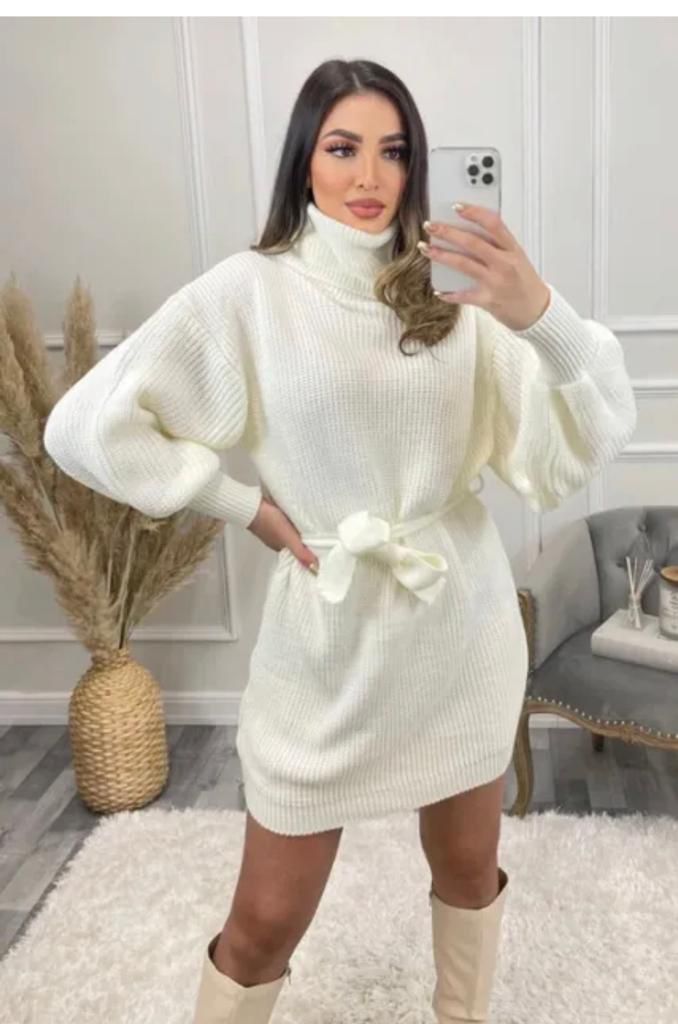 Women's Ladies Knitted Balloon Sleeve Polo Neck Belt Jumper Dress