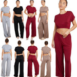 Load image into Gallery viewer, Ladies Plain Crop Top Flared Trouser Loungewear Suit 2PCS Co-ord Tracksuit Set
