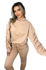 Ladies Ruched Sleeve Hoodie Top And Bottom Suit Lounge Set Tracksuit Sizes 8-22