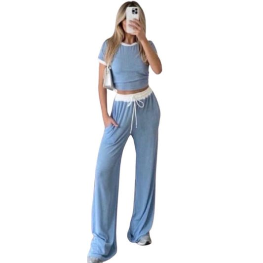 LUXEDIVA Ladies Ribbed Contras Cap Sleeve Crop  Top And TrouserTwo Piece Set