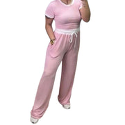 LUXEDIVA Ladies Ribbed Contras Cap Sleeve Crop  Top And TrouserTwo Piece Set