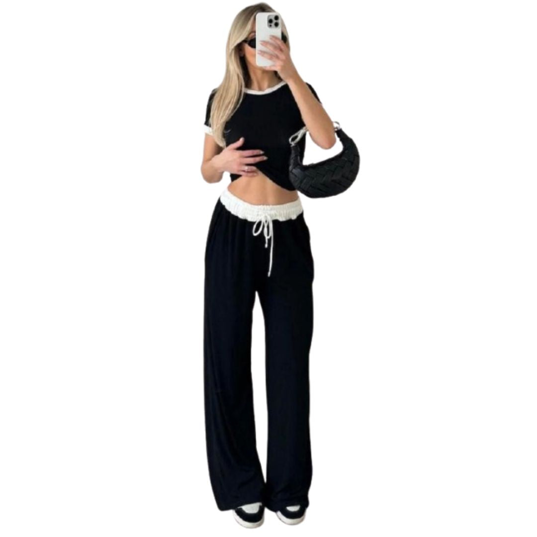 LUXEDIVA Ladies Ribbed Contras Cap Sleeve Crop  Top And TrouserTwo Piece Set