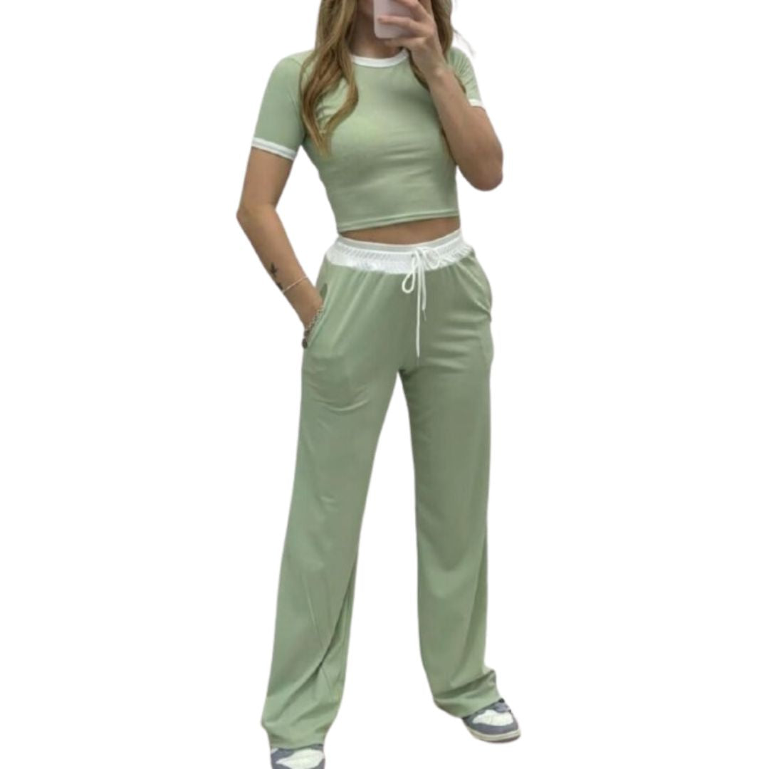 LUXEDIVA Ladies Ribbed Contras Cap Sleeve Crop  Top And TrouserTwo Piece Set