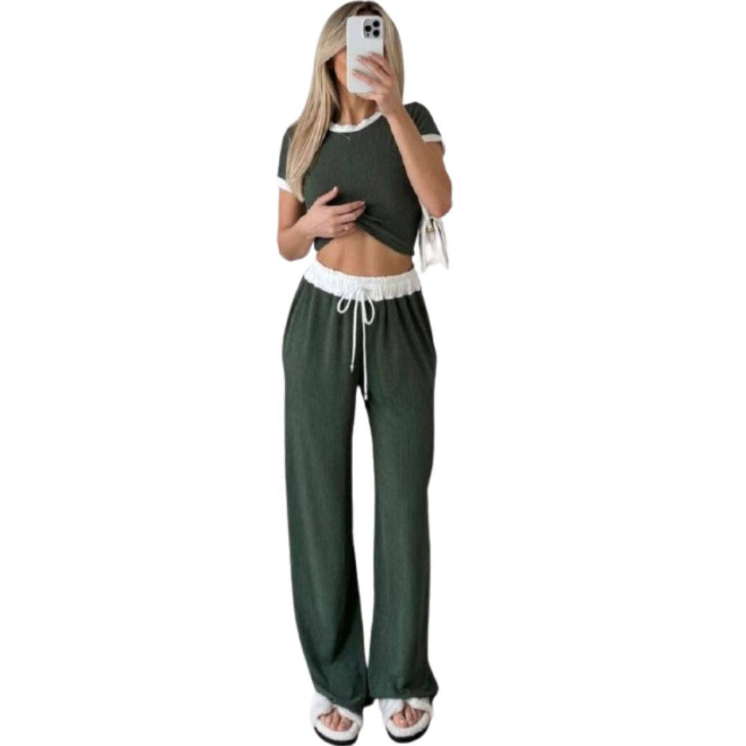 LUXEDIVA Ladies Ribbed Contras Cap Sleeve Crop  Top And TrouserTwo Piece Set